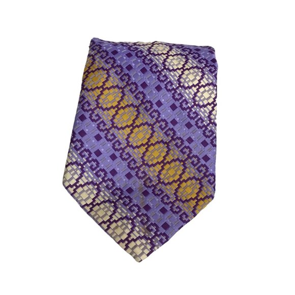 Louis Feraud Paris Designer Silk Tie Purple & Yellow Geometric Pattern - Picture 1 of 6